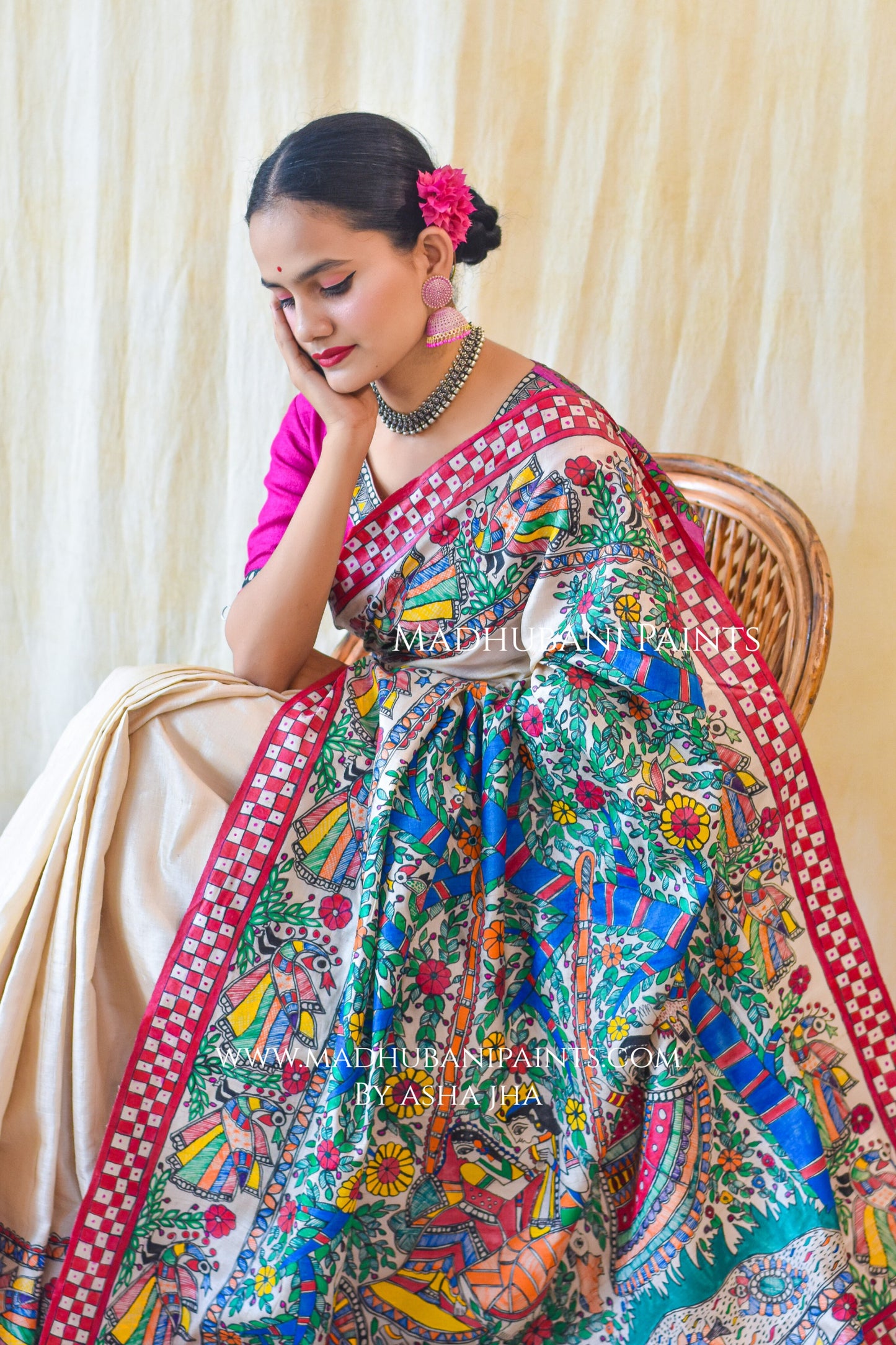 MADHURIMA Hand-painted Madhubani Tussar Silk Saree Blouse Set