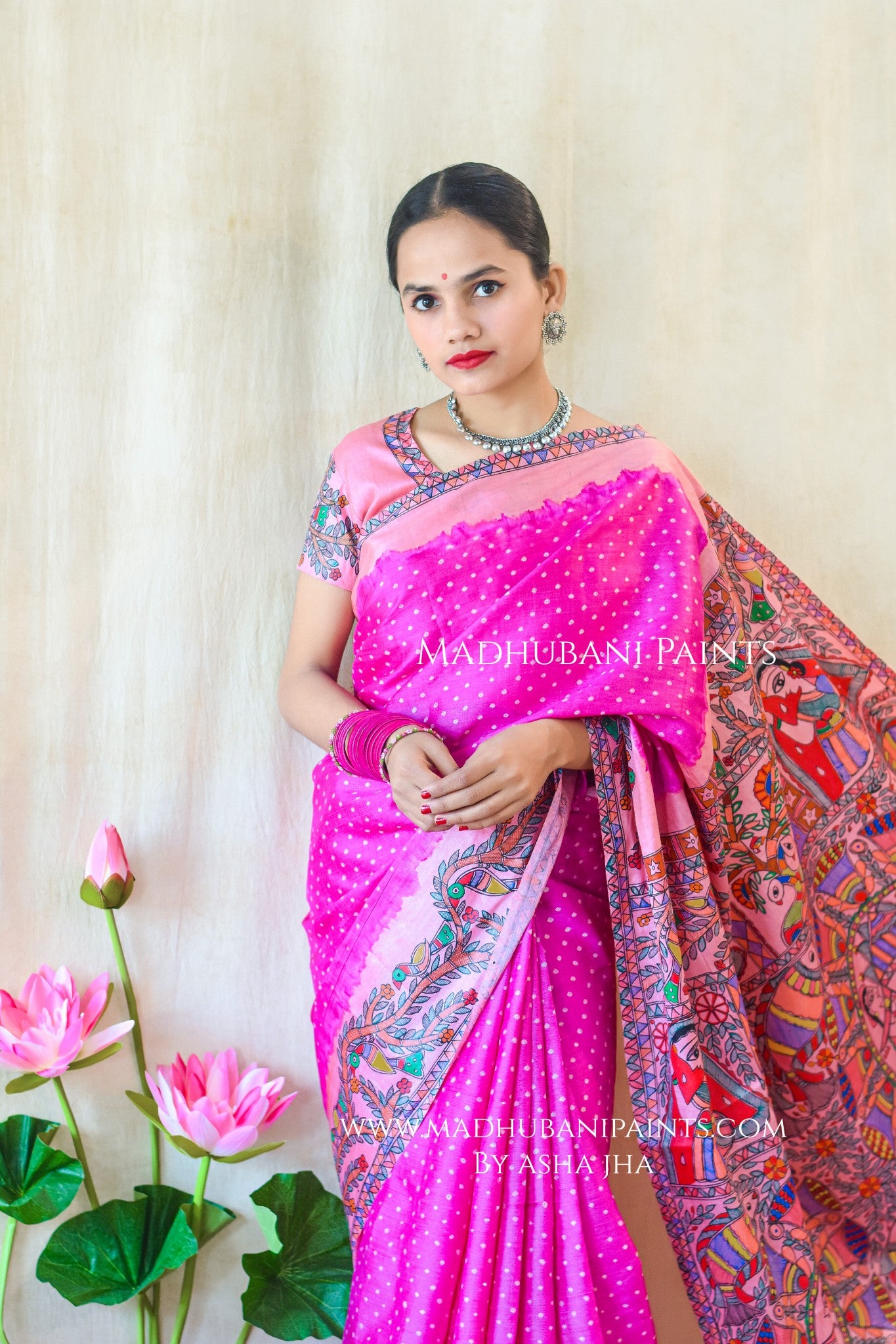 GULABI MAHFA Hand-painted Madhubani Tussar Silk Saree Blouse Set