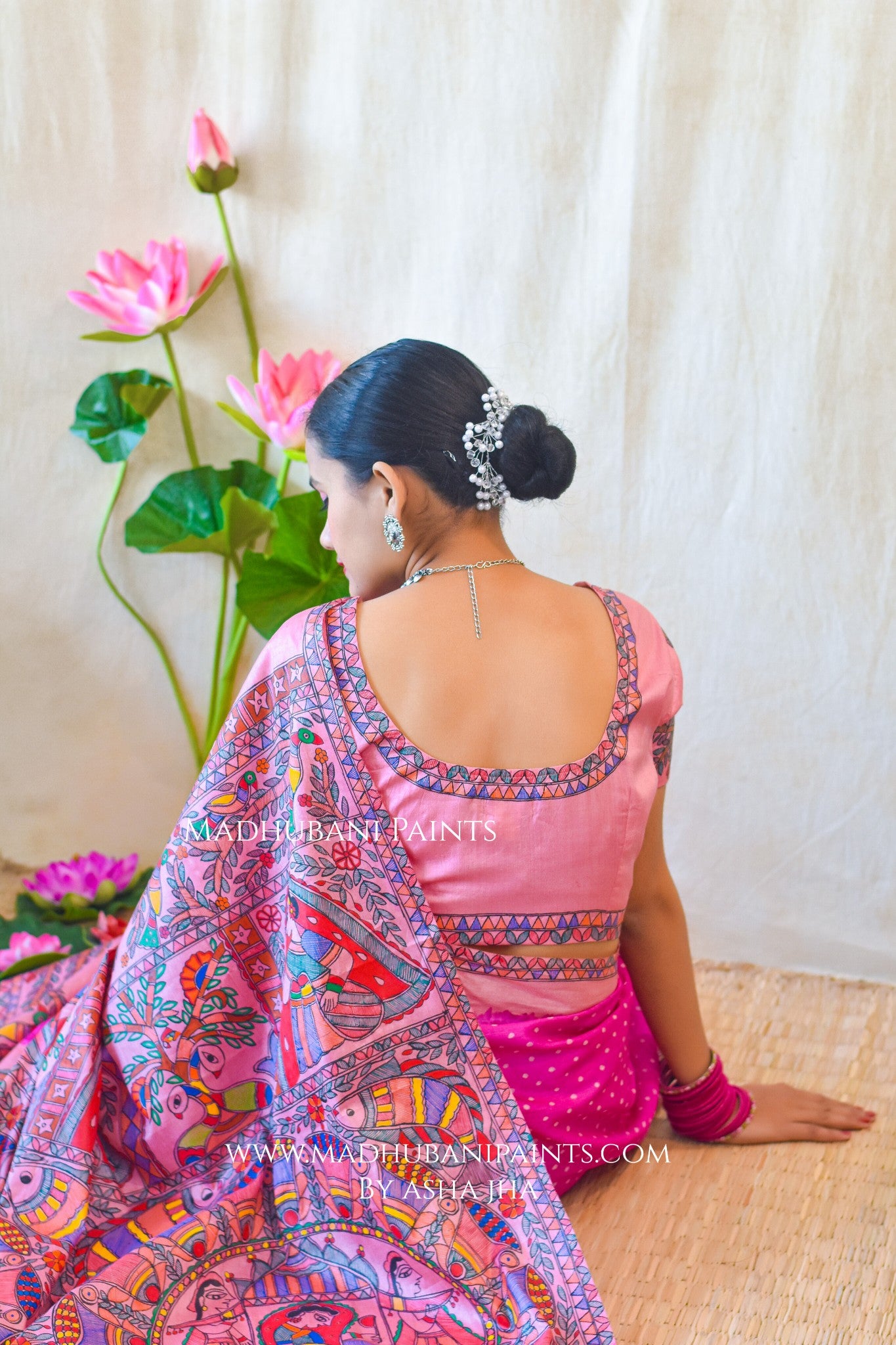 GULABI MAHFA Hand-painted Madhubani Tussar Silk Saree Blouse Set