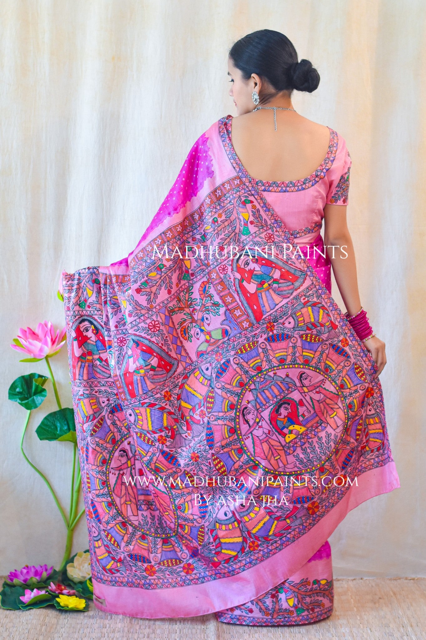 GULABI MAHFA Hand-painted Madhubani Tussar Silk Saree Blouse Set