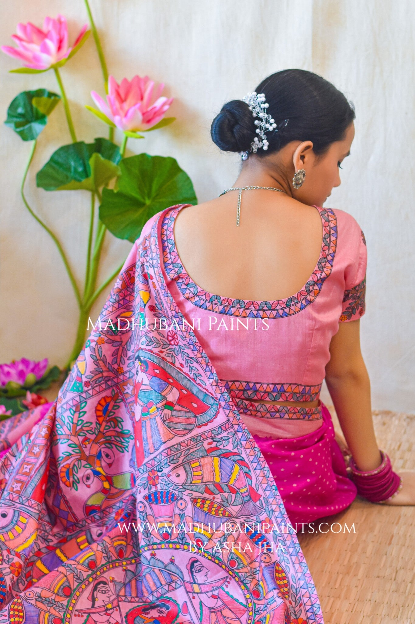 GULABI MAHFA Hand-painted Madhubani Tussar Silk Saree Blouse Set