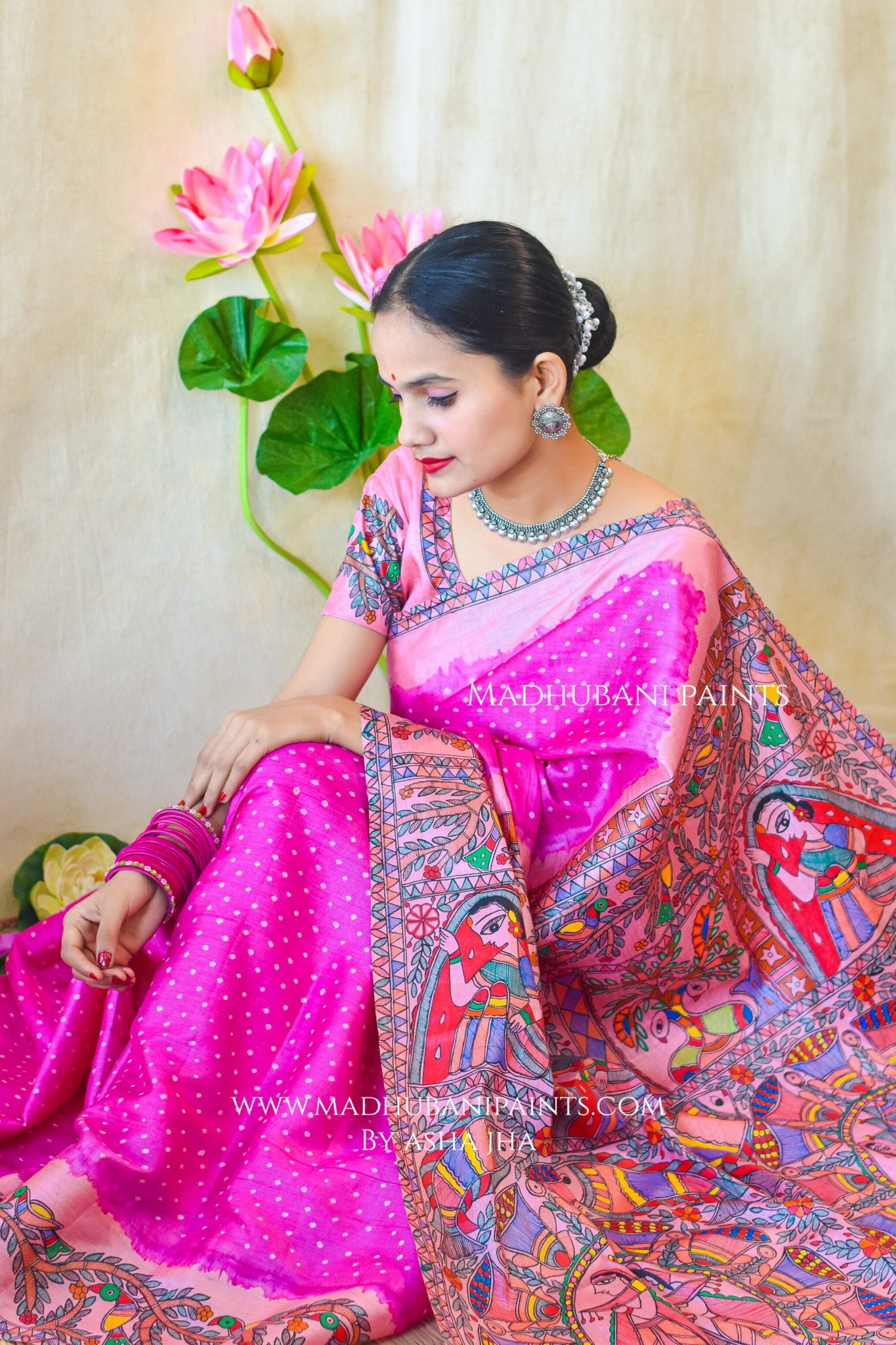 GULABI MAHFA Hand-painted Madhubani Tussar Silk Saree Blouse Set