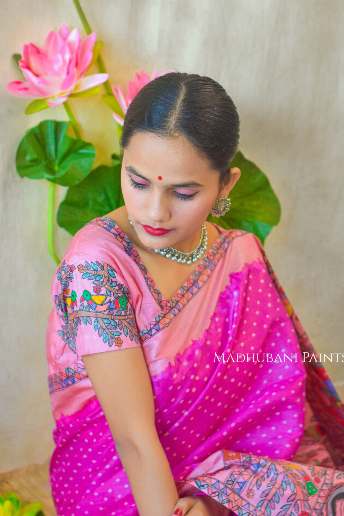 GULABI MAHFA Hand-painted Madhubani Tussar Silk Saree Blouse Set