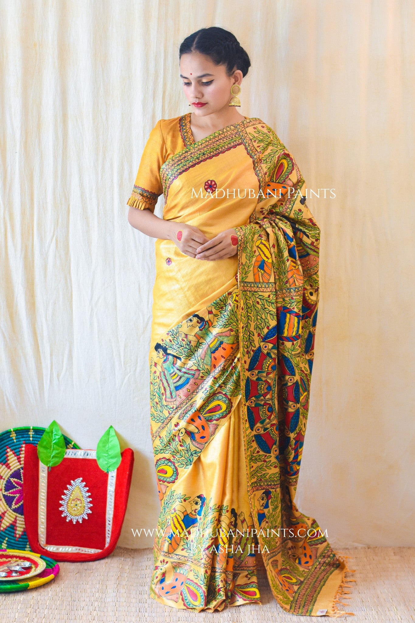 PILI DOLI Hand-painted Madhubani Tussar Silk Saree Blouse Set