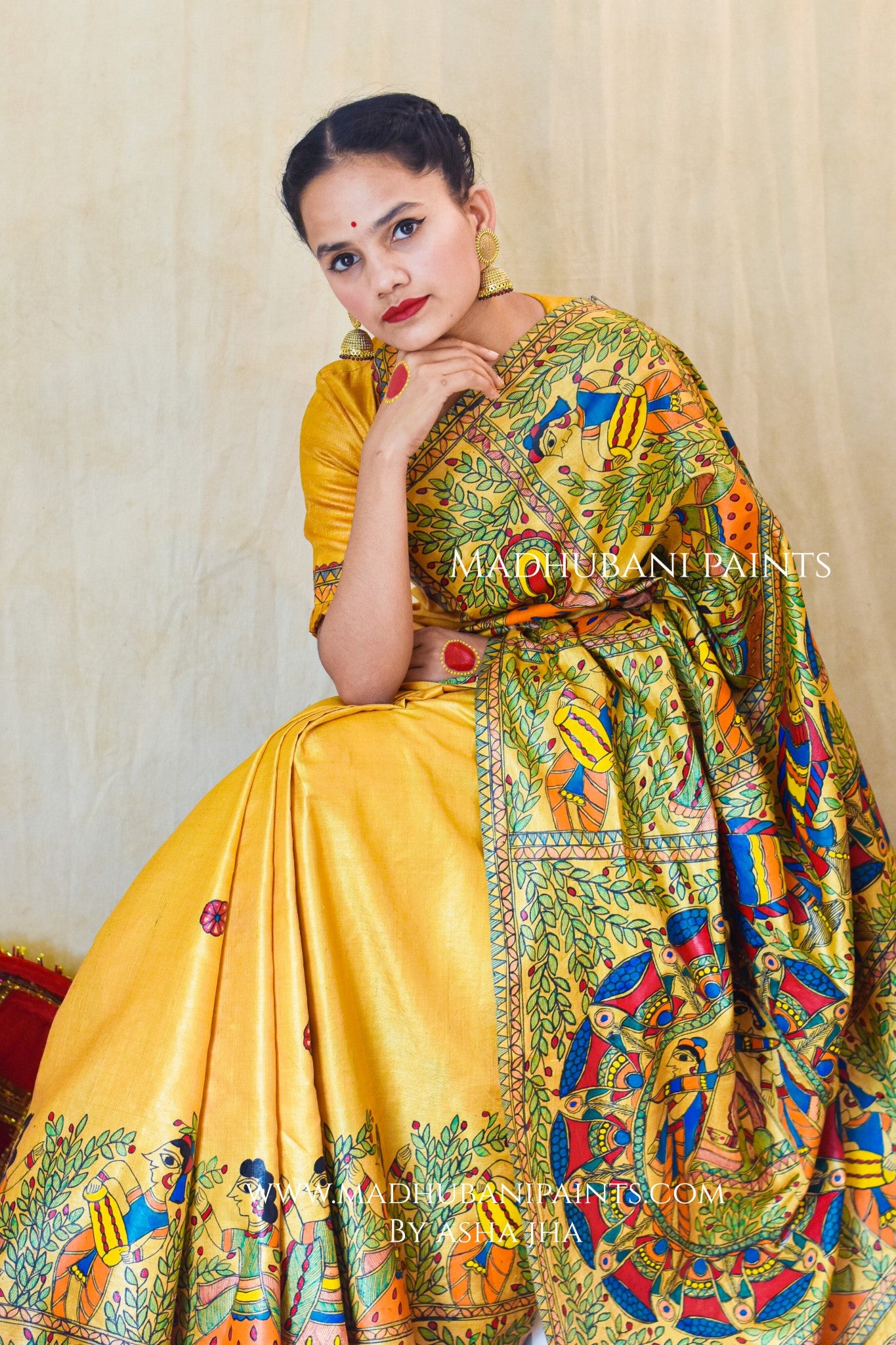 PILI DOLI Hand-painted Madhubani Tussar Silk Saree Blouse Set