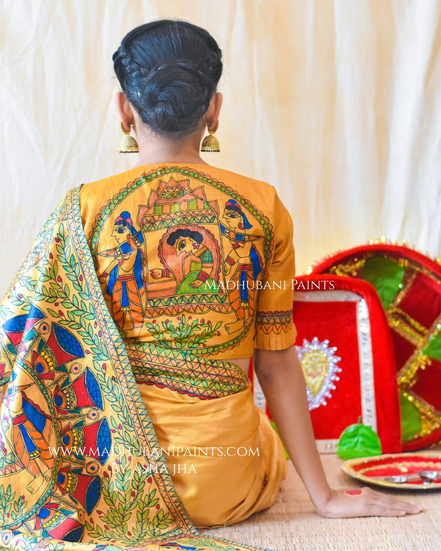 PILI DOLI Hand-painted Madhubani Tussar Silk Saree Blouse Set
