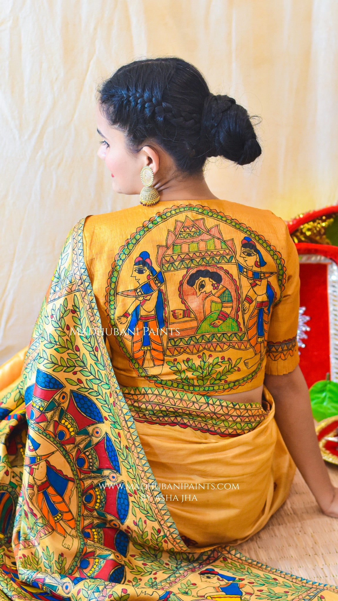 PILI DOLI Hand-painted Madhubani Tussar Silk Saree Blouse Set