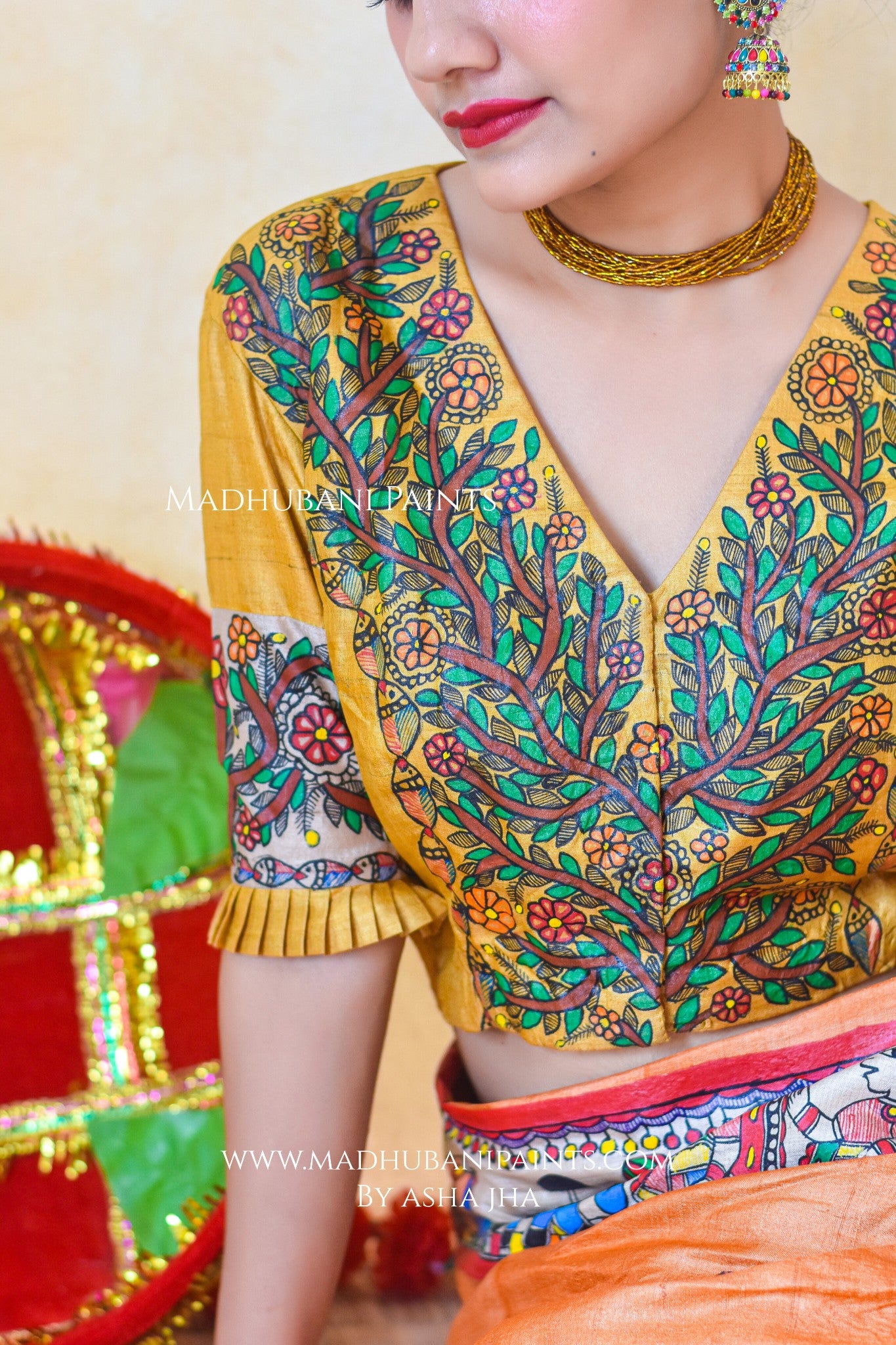 "MITHILA KOHBAR" Rust Orange Hand Painted Madhubani Tussar Silk Saree Blouse set