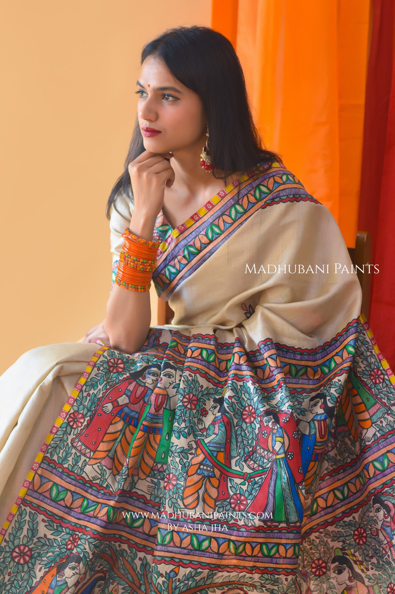 MITHILANCHAL VIVAH Hand-painted Madhubani Tussar Silk Saree Blouse Set