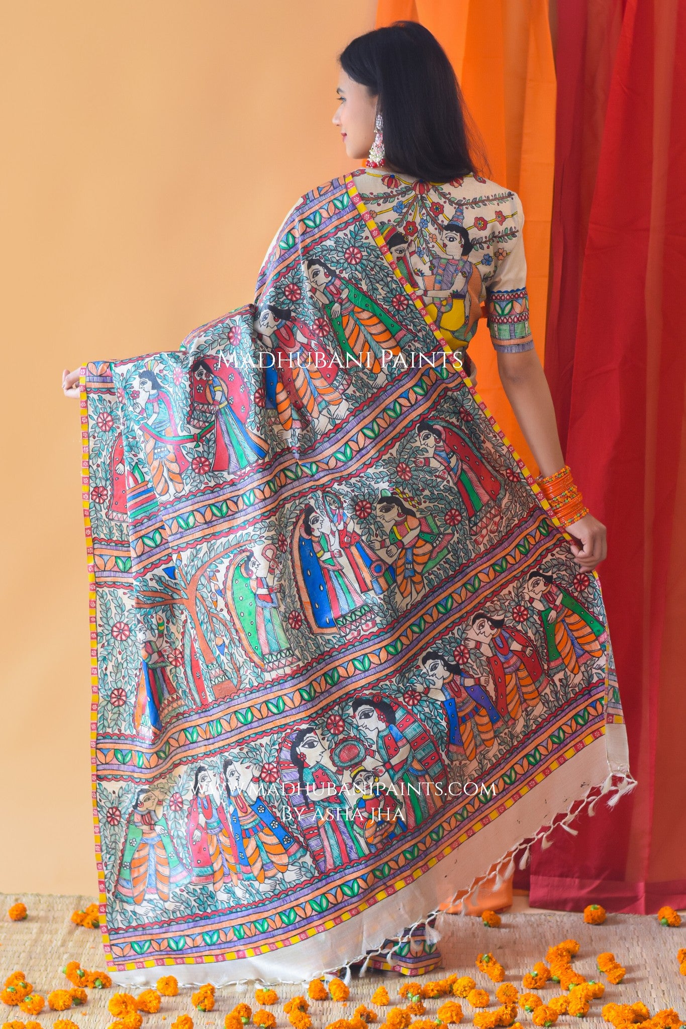 MITHILANCHAL VIVAH Hand-painted Madhubani Tussar Silk Saree Blouse Set
