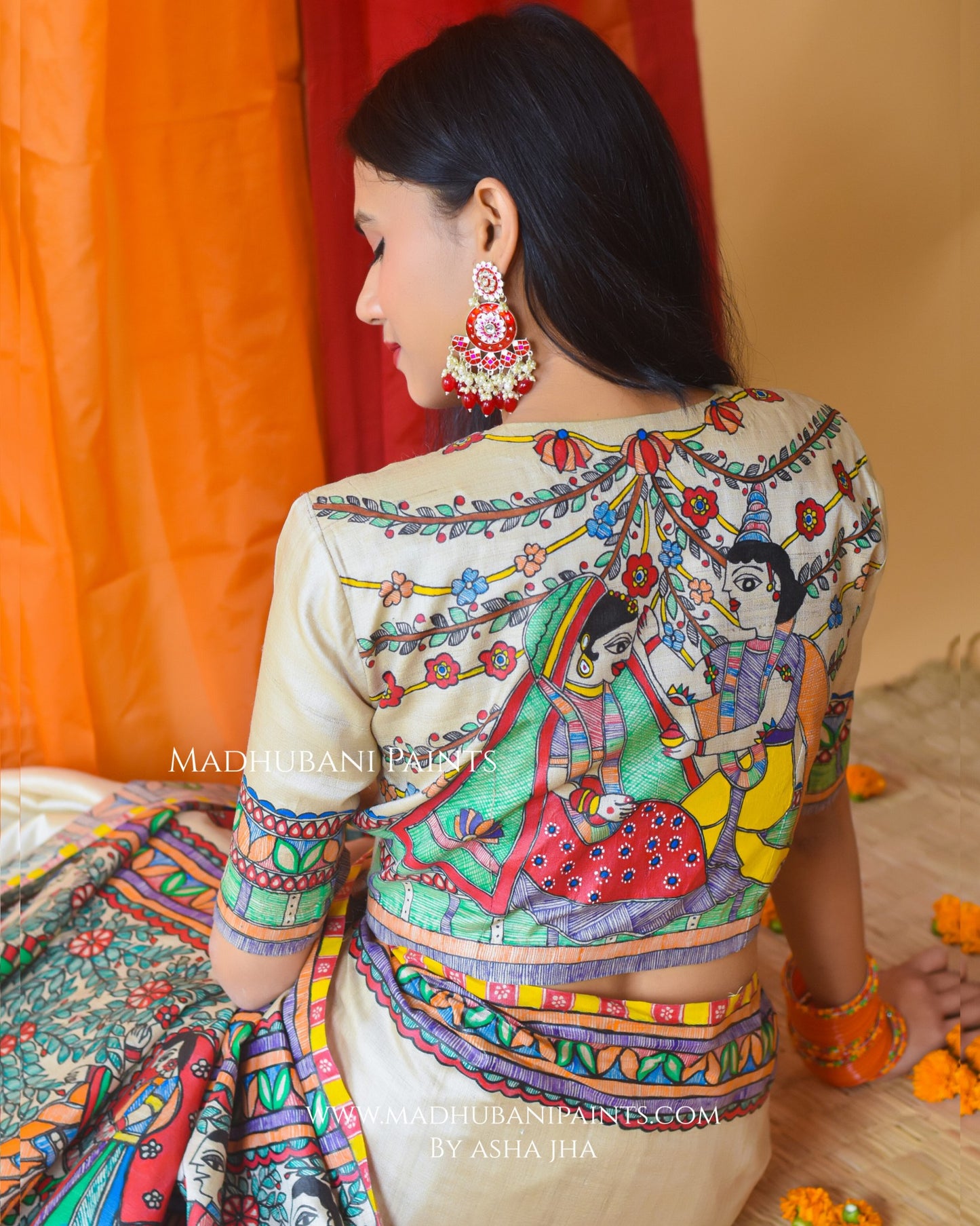 MITHILANCHAL VIVAH Hand-painted Madhubani Tussar Silk Saree Blouse Set