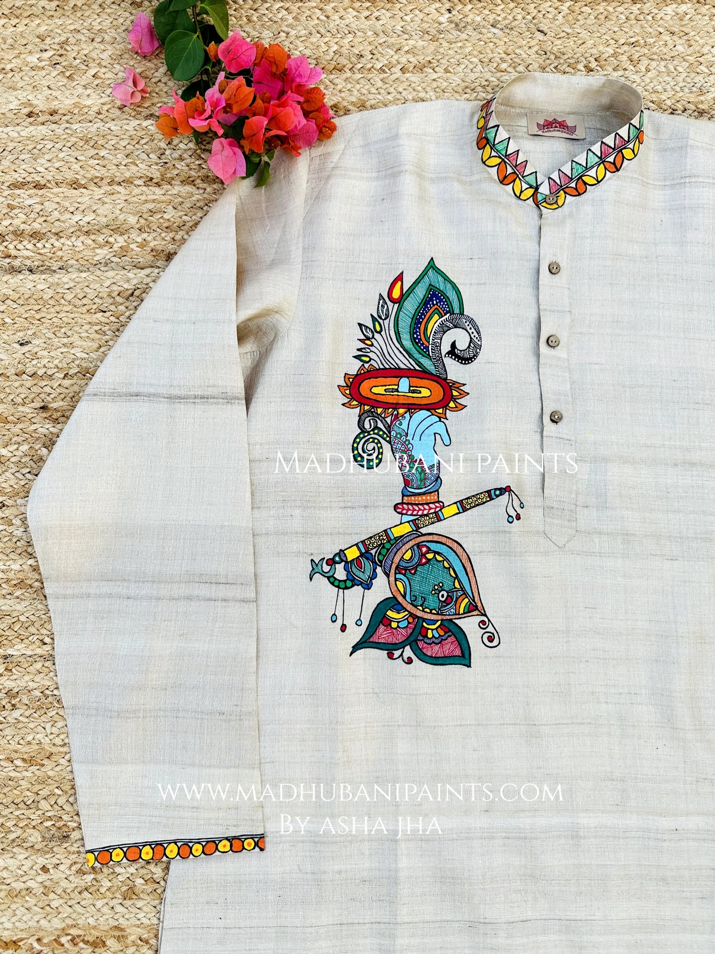 Krishna's Mor Paankh Hand-painted Madhubani Men's Tussar Silk Kurta