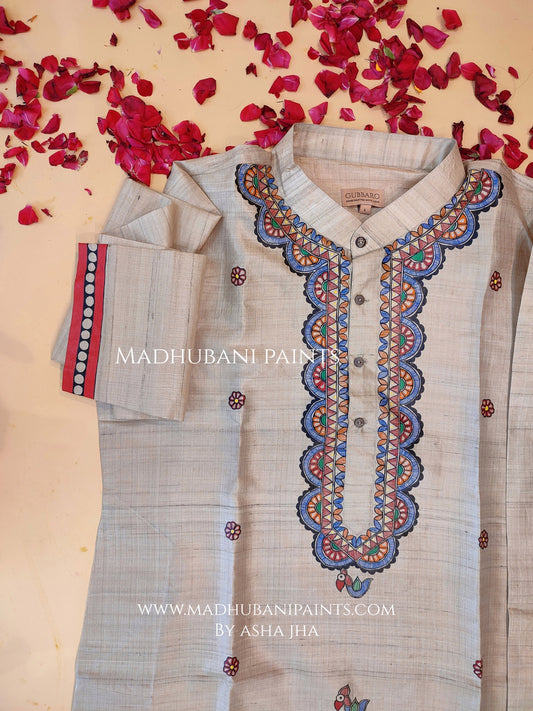 Mithila Flowers Men's Hand-painted Beige Madhubani Tussar Silk Kurta Pant Set