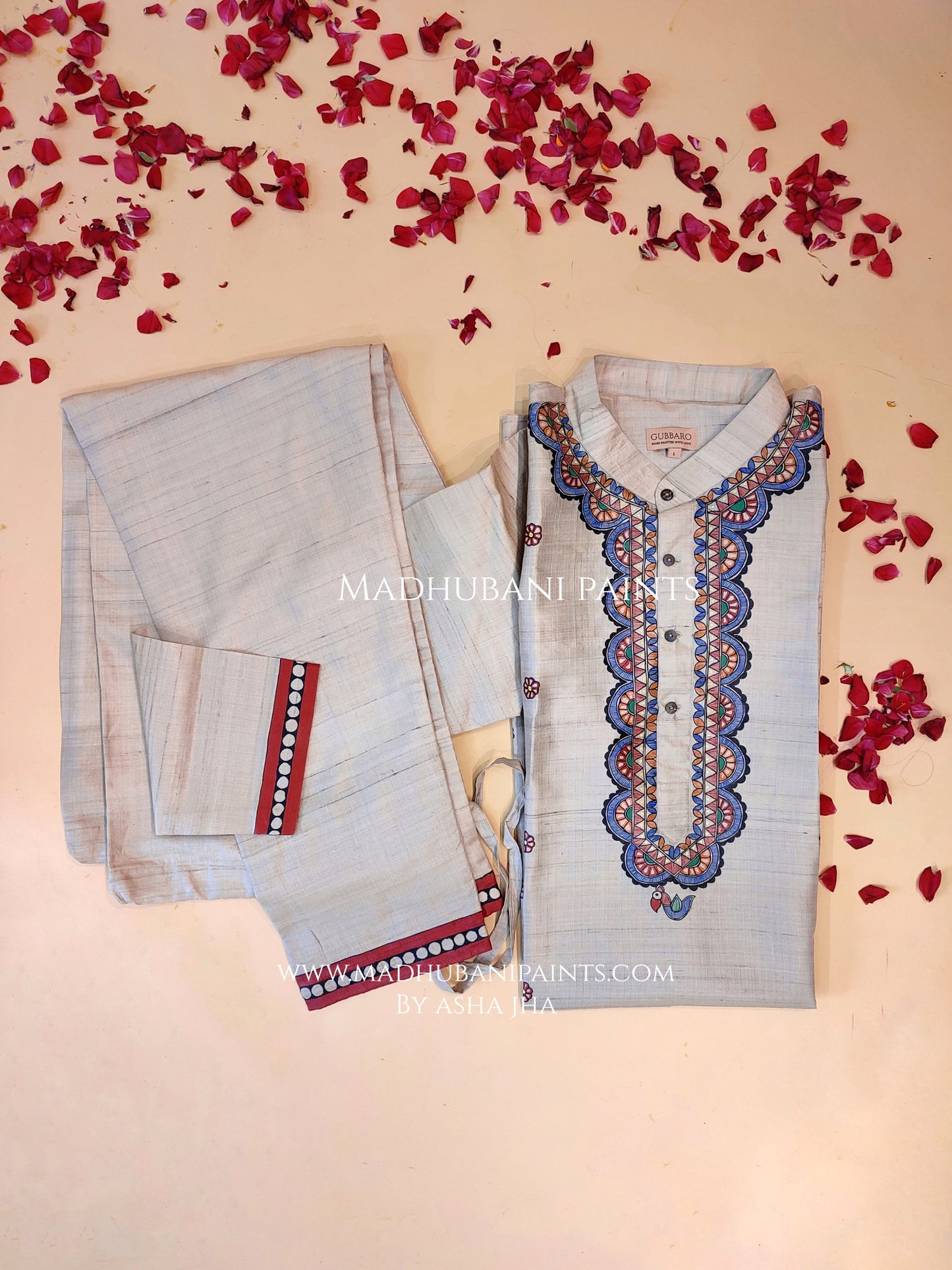 Mithila Flowers Hand-painted Beige Madhubani Men's Tussar Silk Kurta Pant Set
