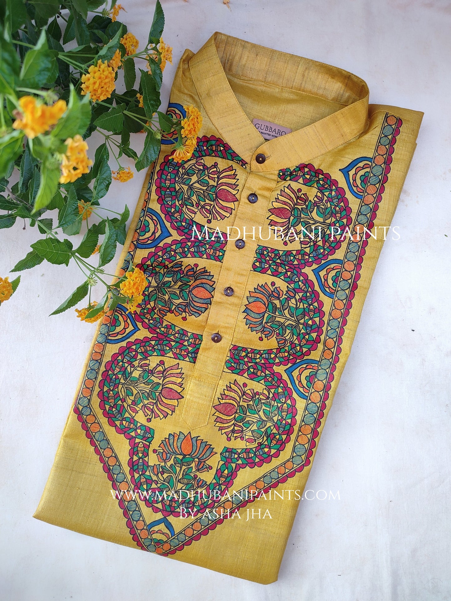 Yellow Lotus Hand-painted Handloom Men's Tussar Silk Kurta