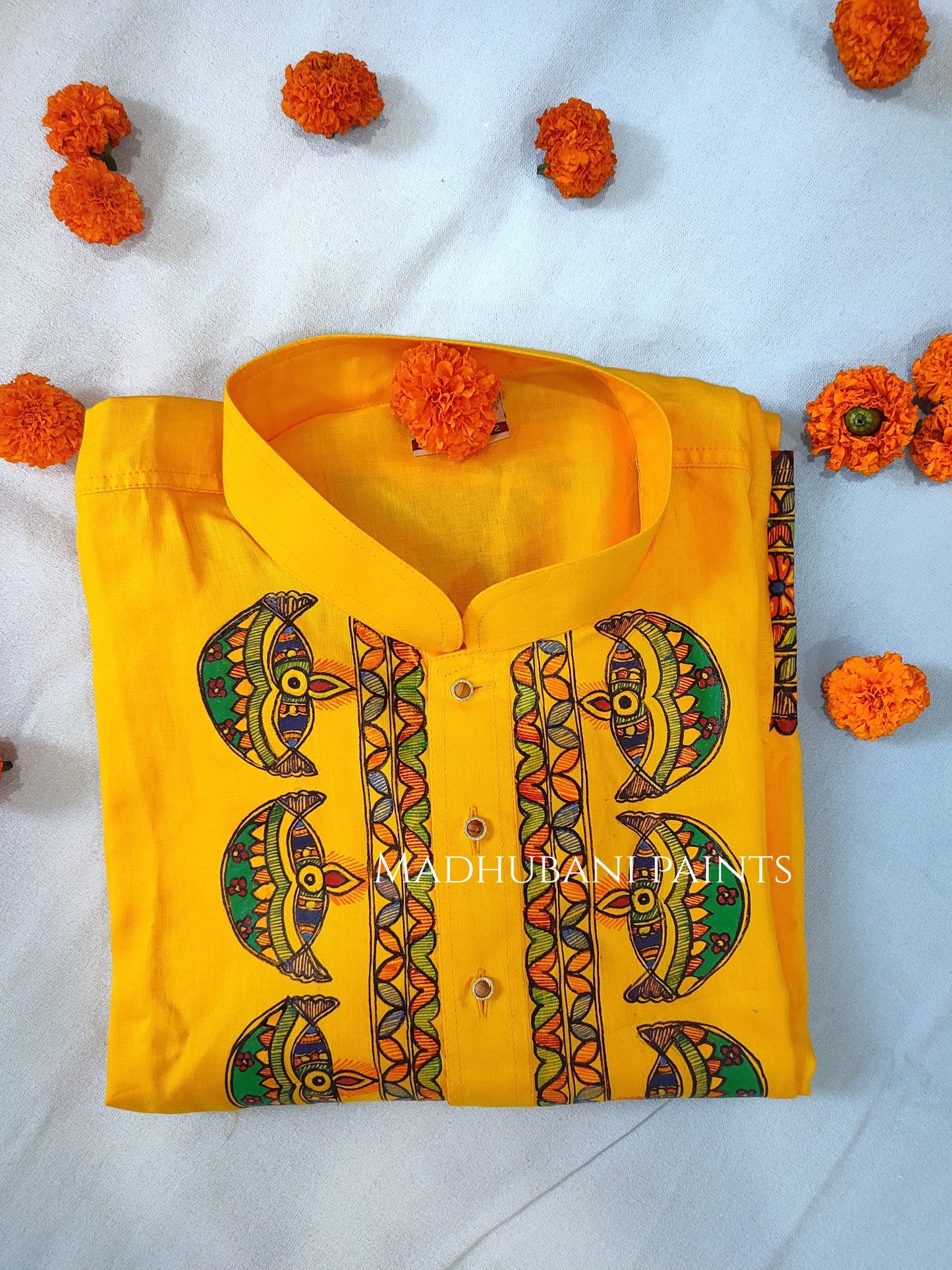 Yellow Diya Hand-painted Handloom Men's Cotton Kurta