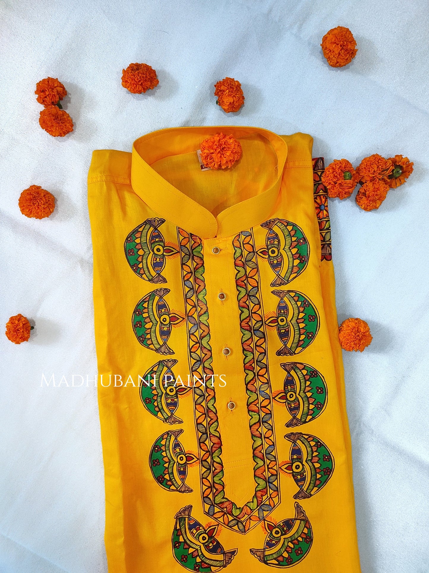 Yellow Diya Hand-painted Handloom Men's Cotton Kurta