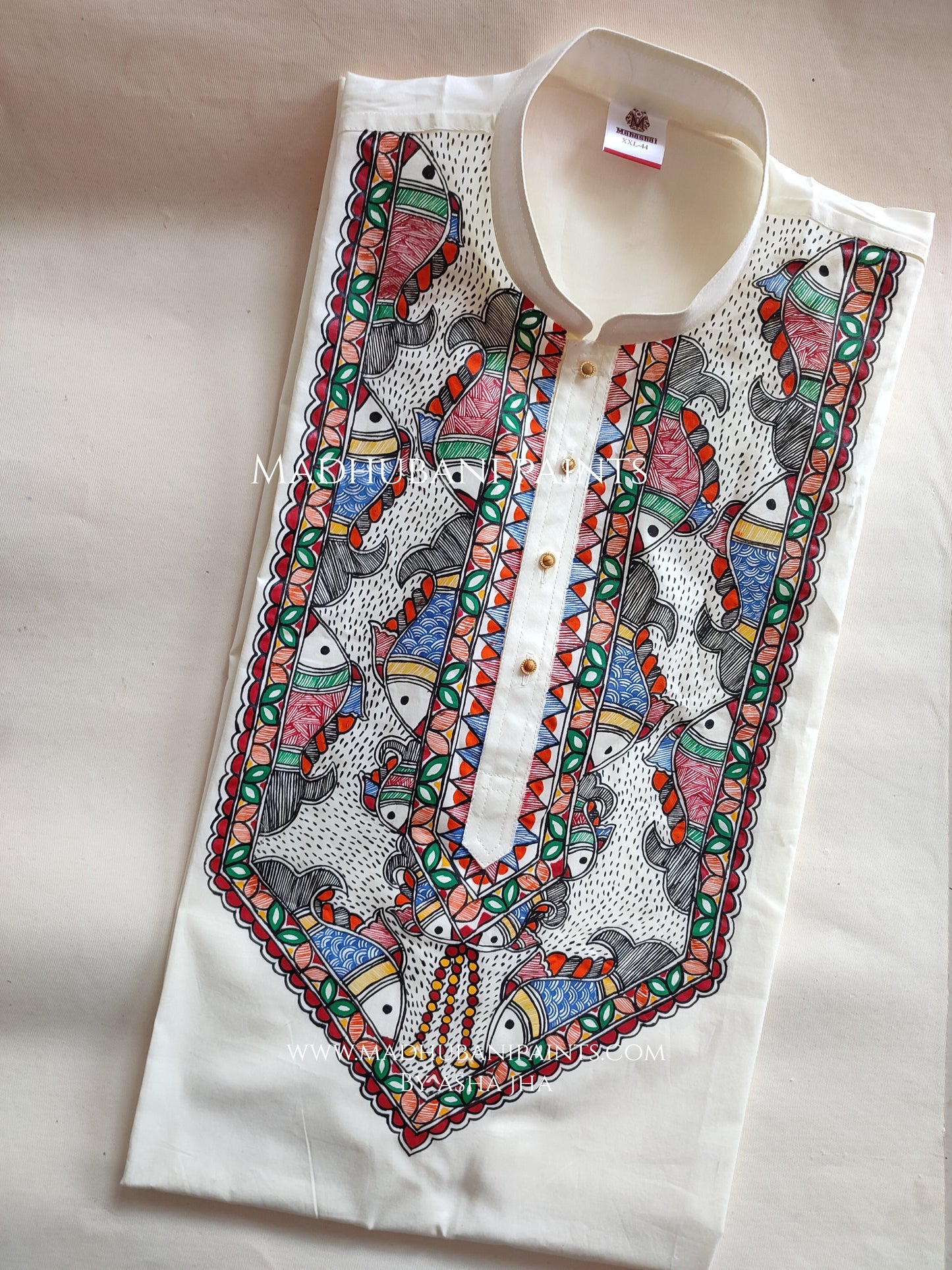 Multicoloured Fish Hand-painted Handloom Men's Cotton Kurta