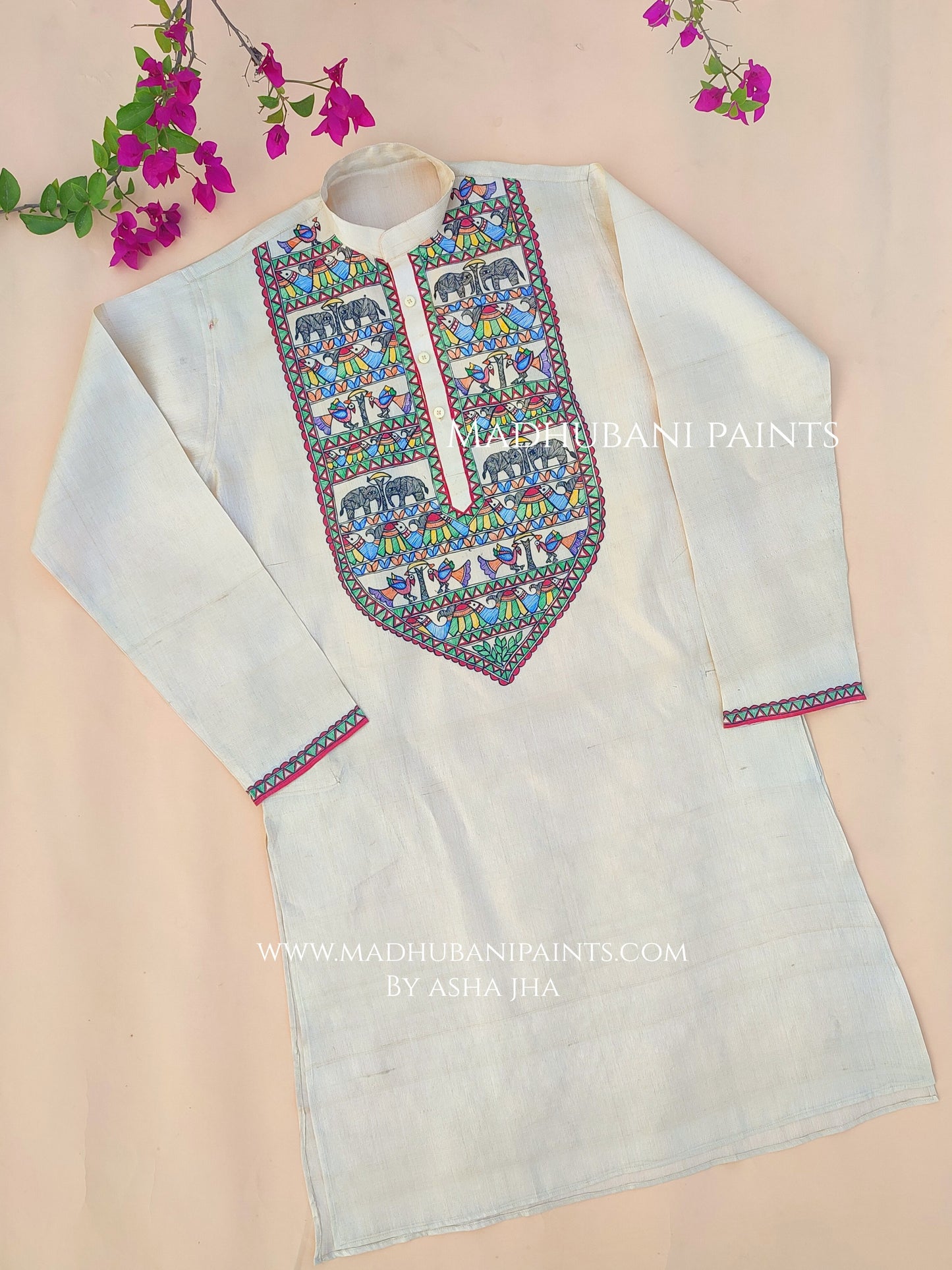 Hathi Mor Machli Hand-painted Madhubani Men's Tussar Silk Kurta