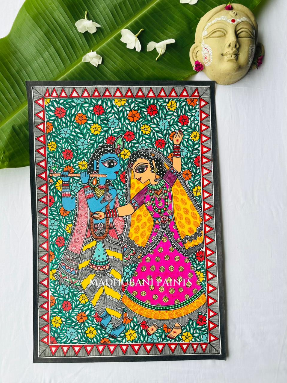 Madhubani painting depicting Radha and Krishna In a dance form