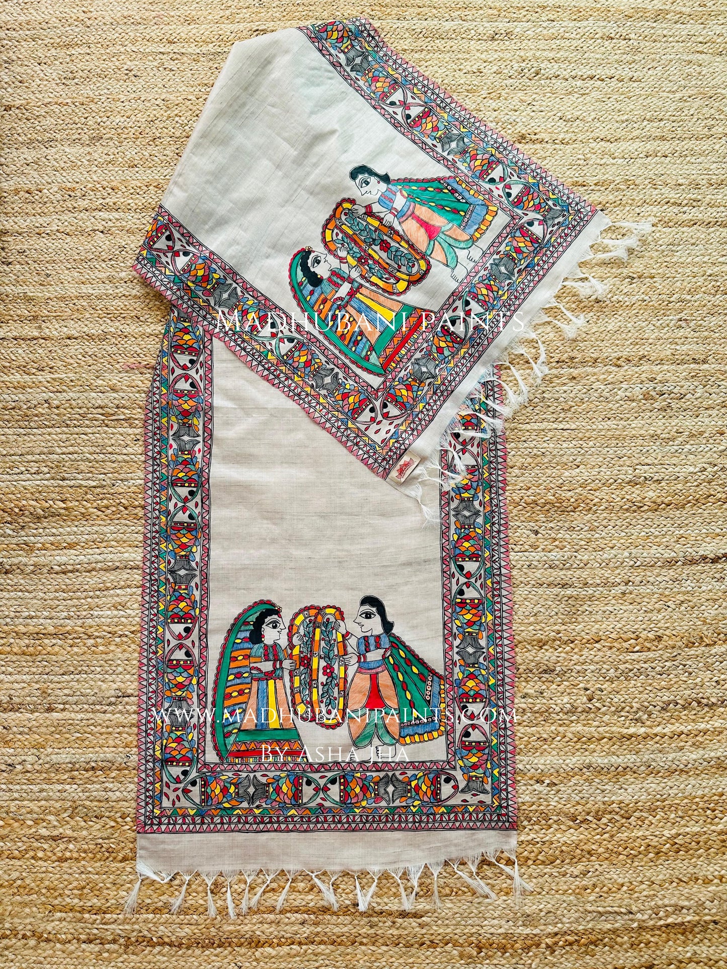 Madhubani painting of SIta Ram Swaymbar on a tussar silk fabric
