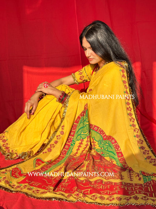 Yellow cotton saree with a hand-painted Madhubani Ram Sita scene — Swayambar Bihari Bridal