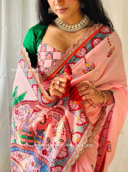 Chhath Puja Baratiya Handpainted Madhubani Cotton Saree