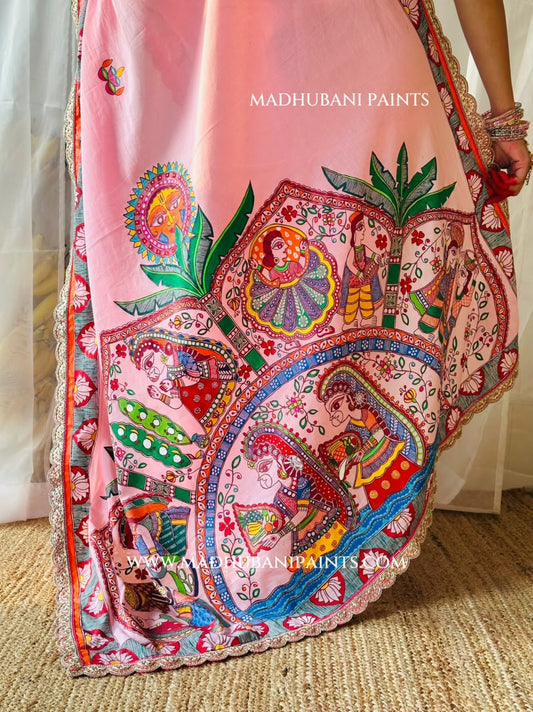 Chhath Puja Baratiya Handpainted Madhubani Cotton Saree