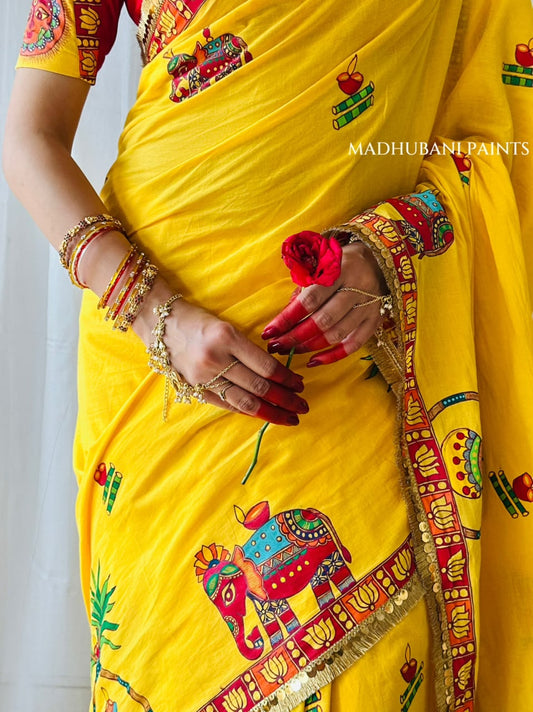 Chhath Puja Ghat Handpainted Madhubani Cotton Saree