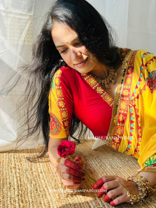 Chhath Puja Ghat Handpainted Madhubani Cotton Blouse