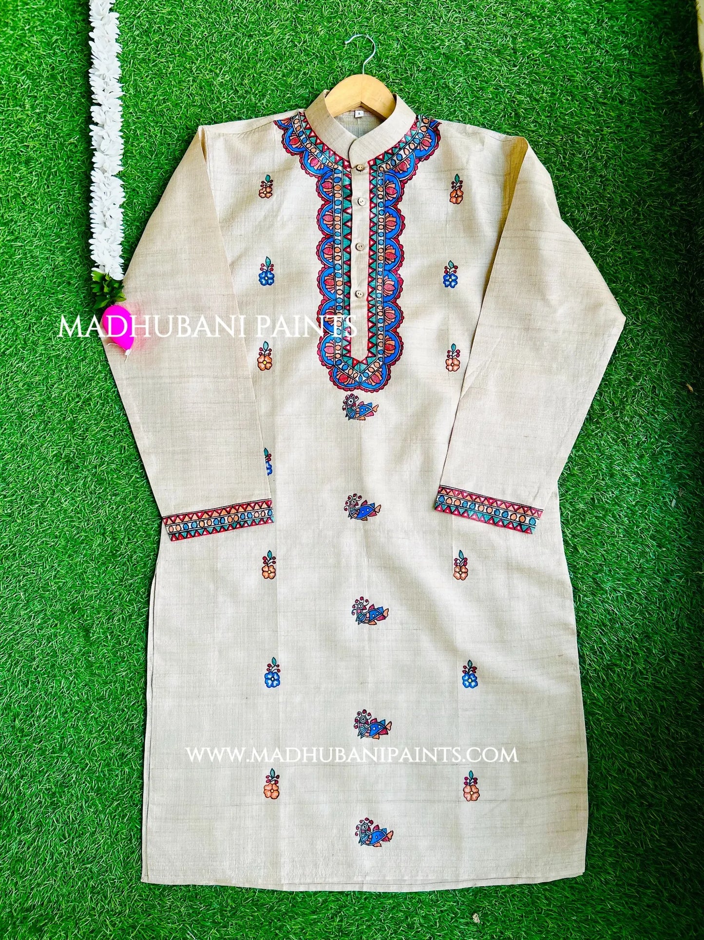 Phool Hand-painted Yellow Madhubani Men's Tussar Silk Kurta