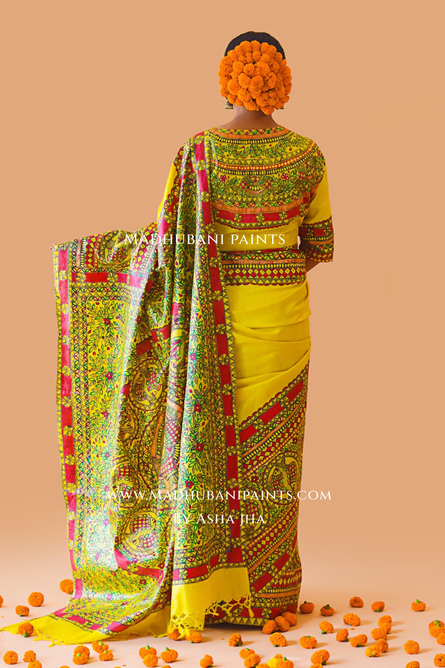 MATSYA SANGAM Hand-painted Madhubani Tussar Silk Saree Blouse Set
