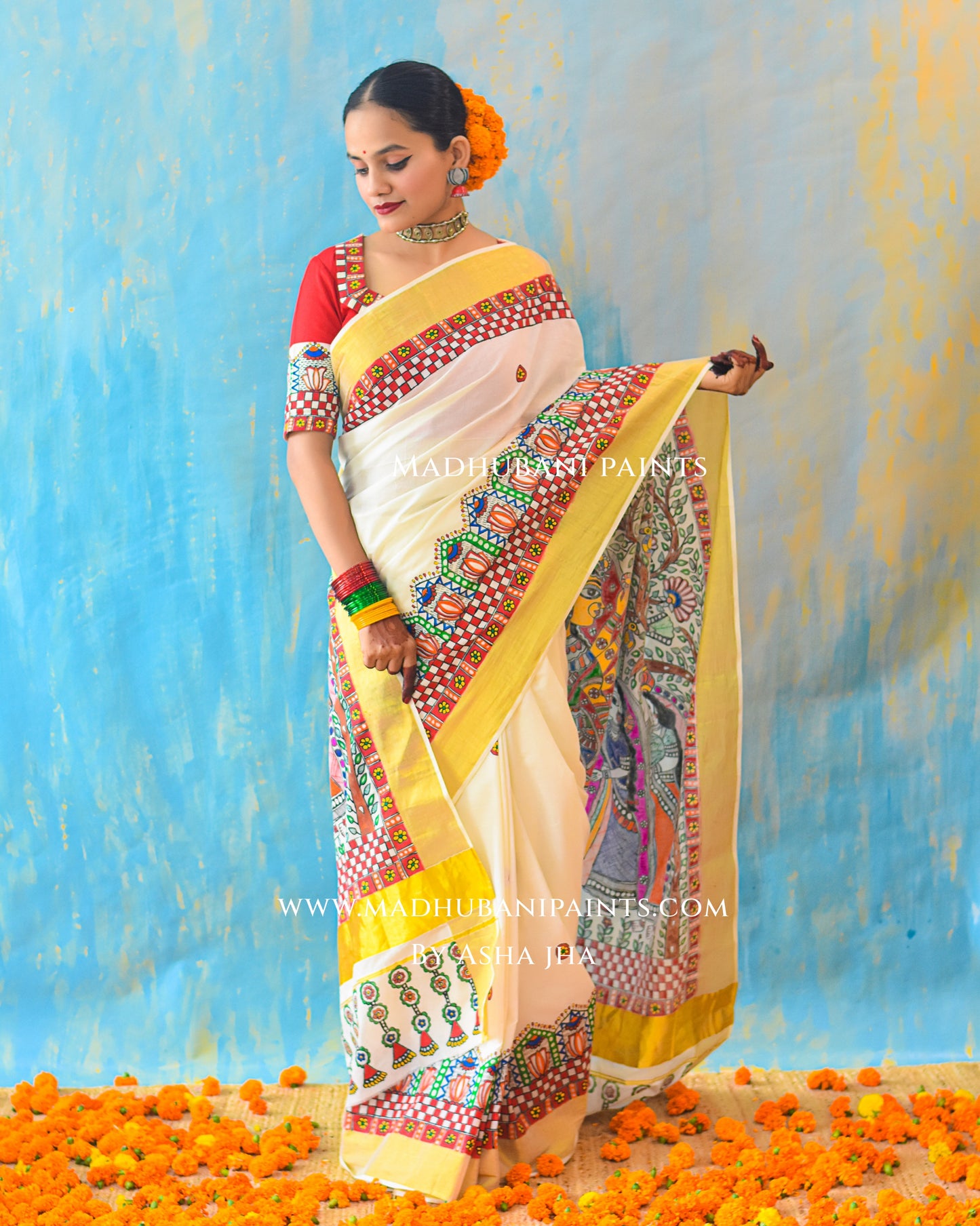BHAIRAVI Hand-painted Madhubani Handloom Cotton Saree