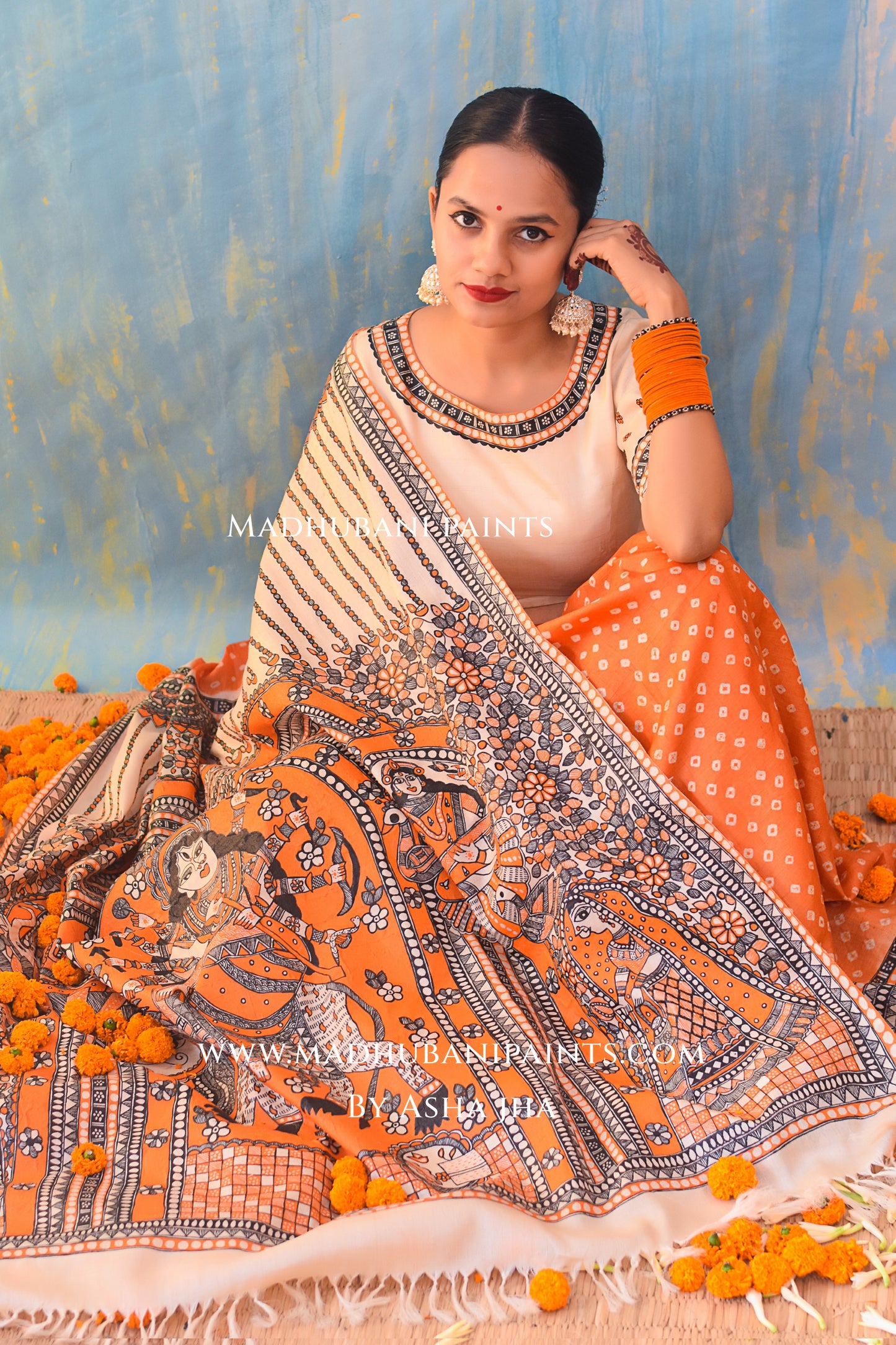 KAMLAKSHI Hand-painted Madhubani Bandhini Tussar Silk Saree