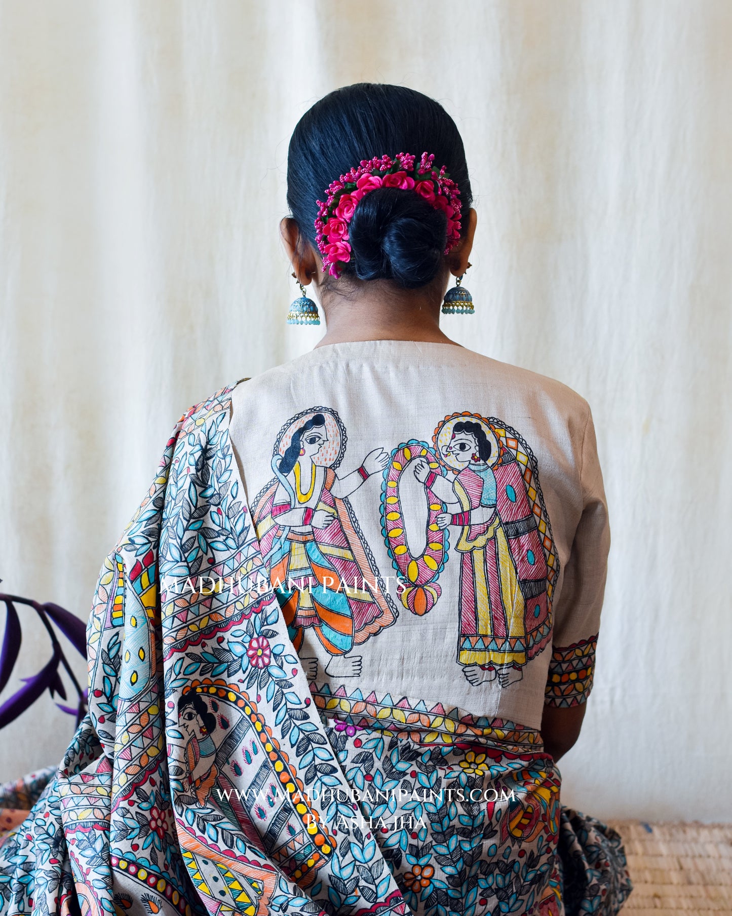 NEEL RAMAYAN Half Work Hand-painted Madhubani Tussar Silk Saree Blouse Set