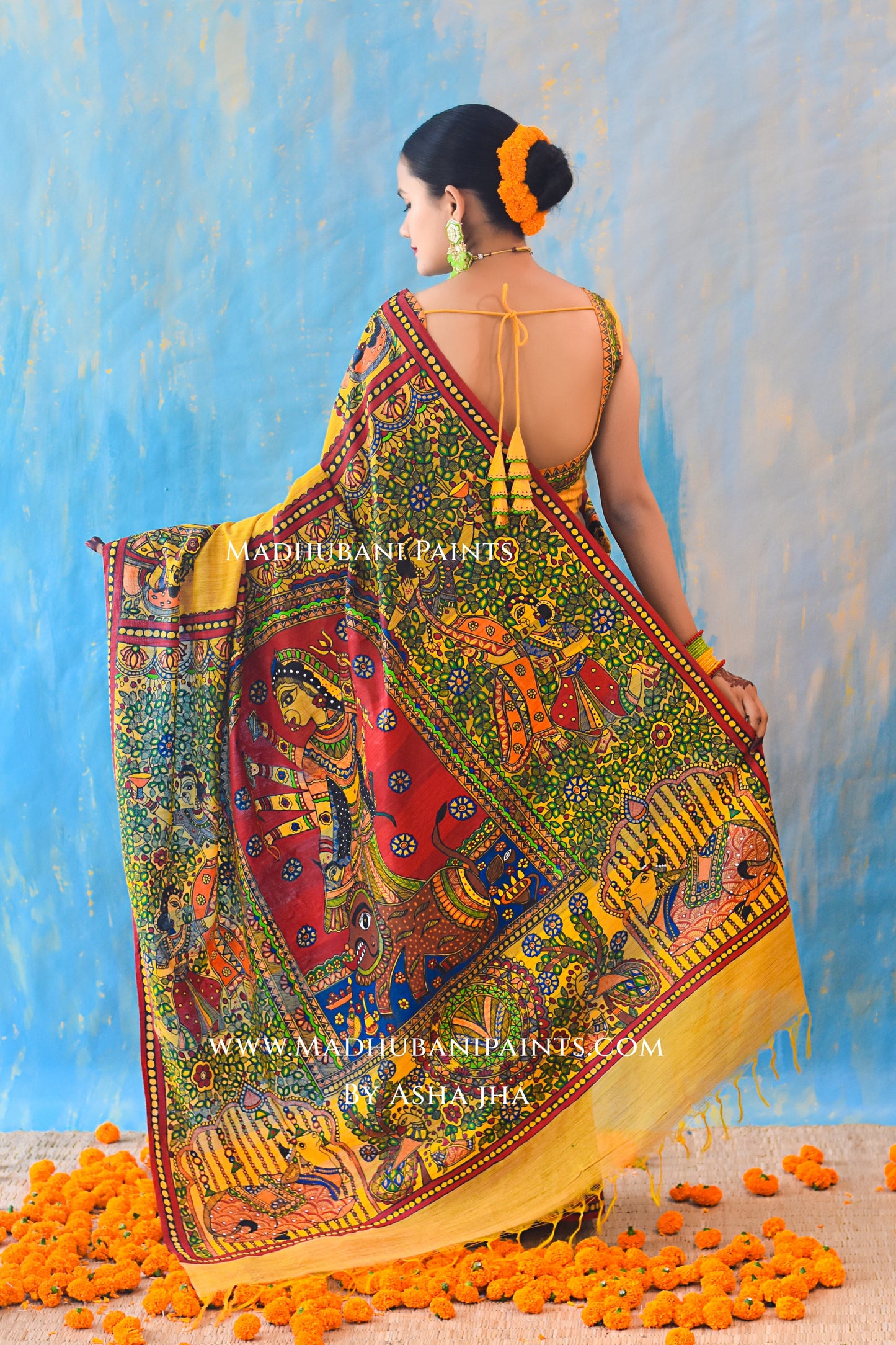 KAMESHWARI Madhubani Hand-painted Chanderi Silk Saree Blouse Set