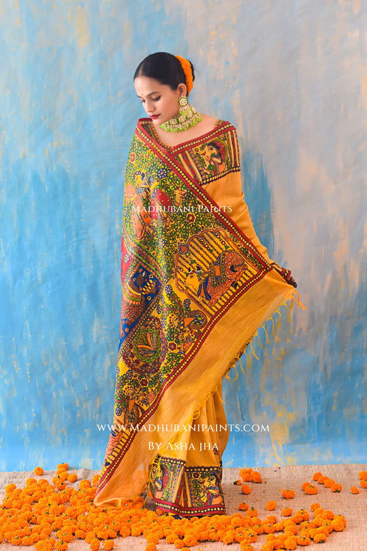 KAMESHWARI Madhubani Hand-painted Chanderi Silk Saree