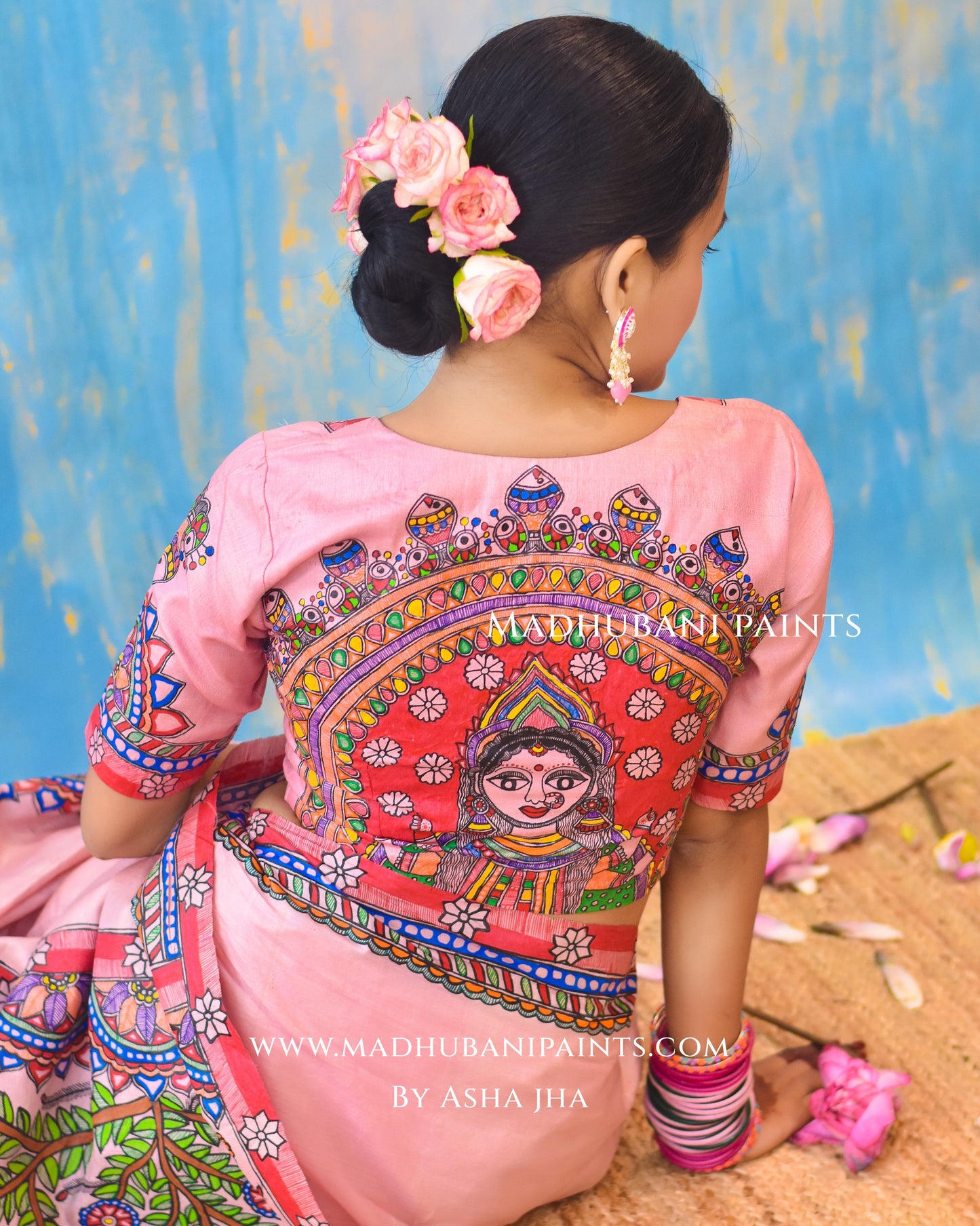 PADAMSUNDARI Hand-painted Madhubani Tussar Silk Saree Blouse Set