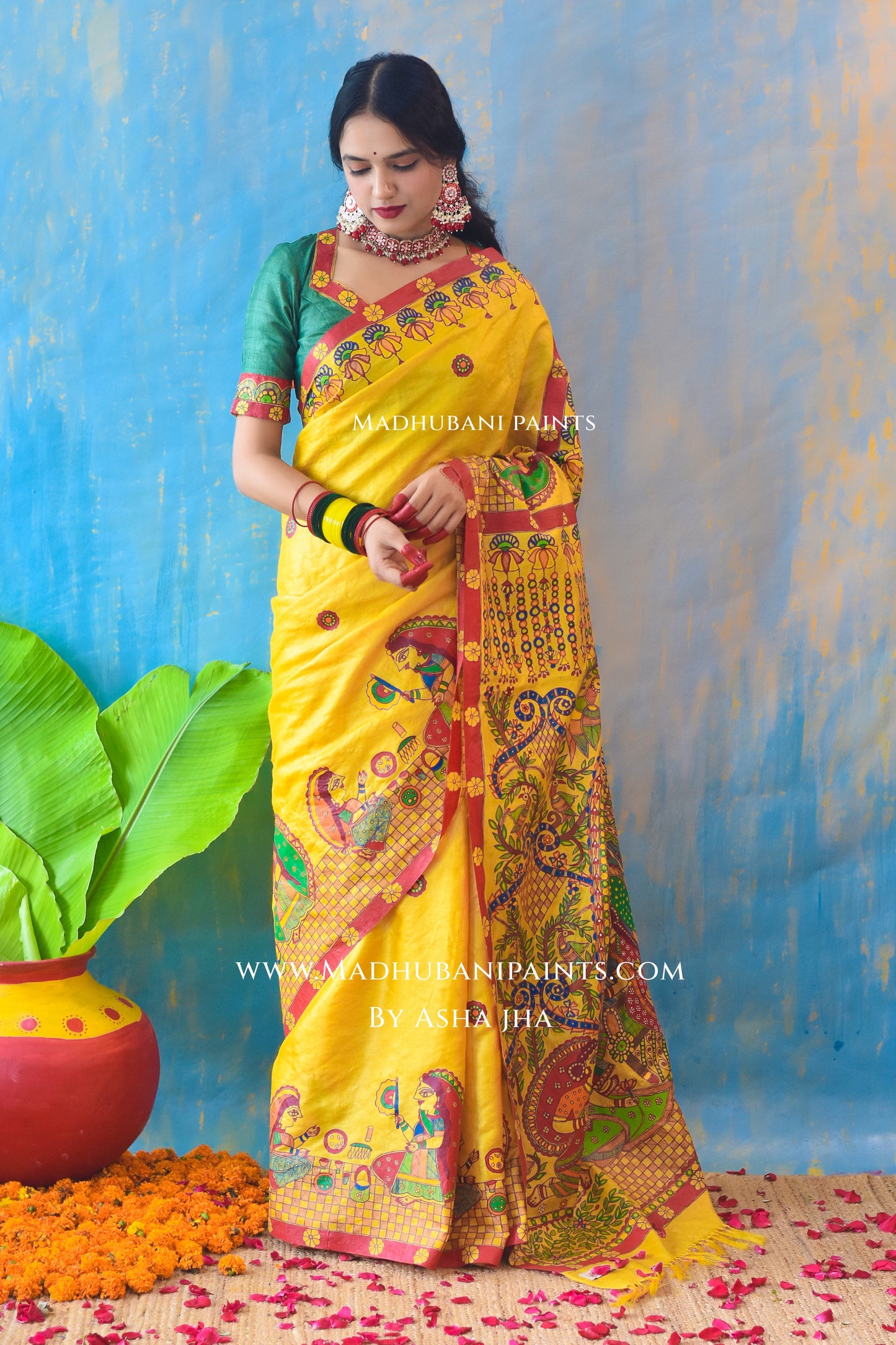 KUMARI BHOJAN Hand-painted Tussar Silk Saree Blouse Set