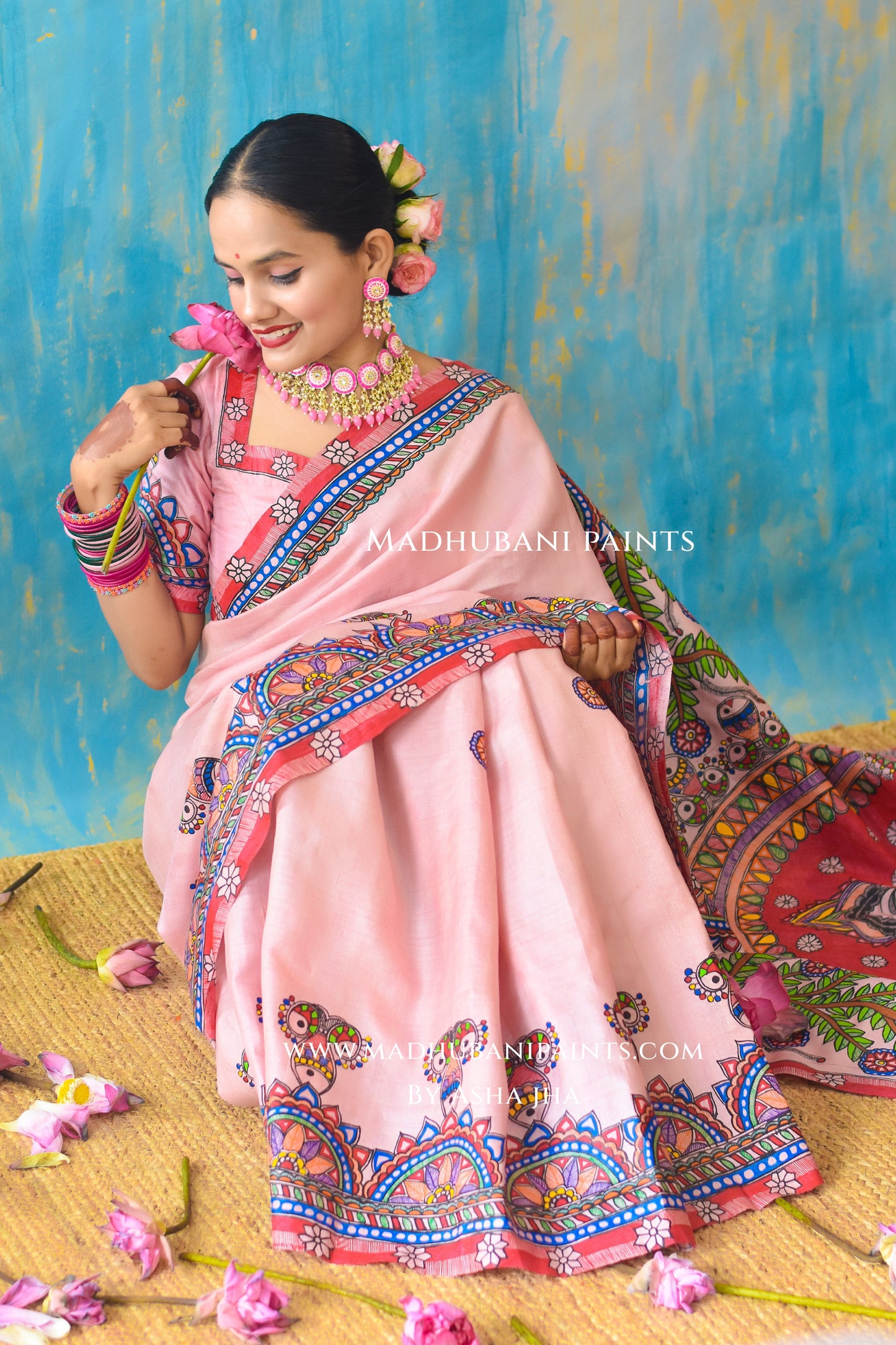 PADAMSUNDARI Hand-painted Madhubani Tussar Silk Saree Blouse Set