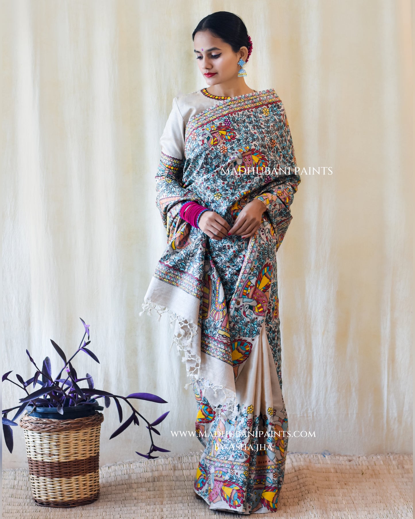 NEEL RAMAYAN Half Work Hand-painted Madhubani Tussar Silk Saree