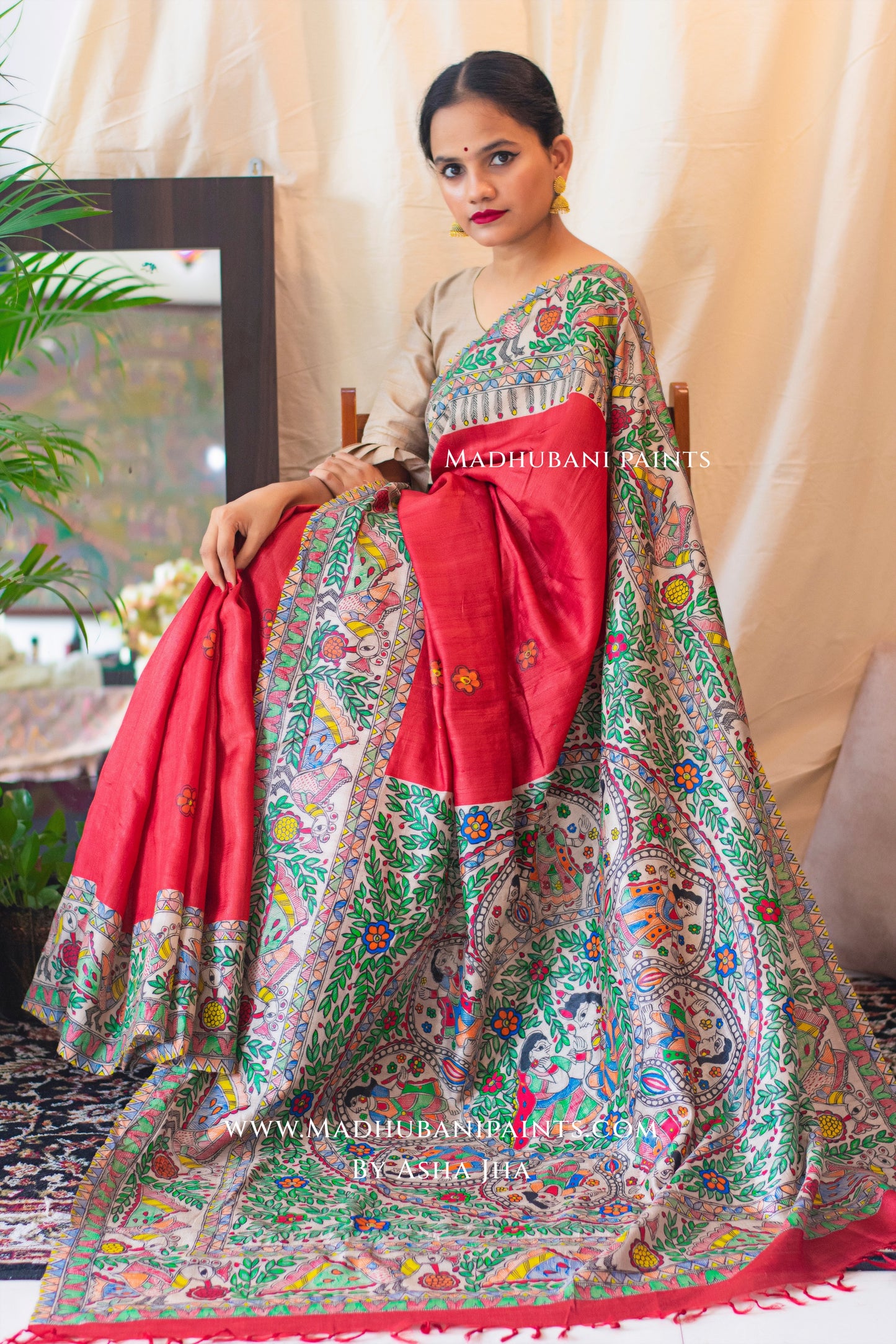 LAAL MANORATH Handpainted Madhubani Tussar Silk Saree