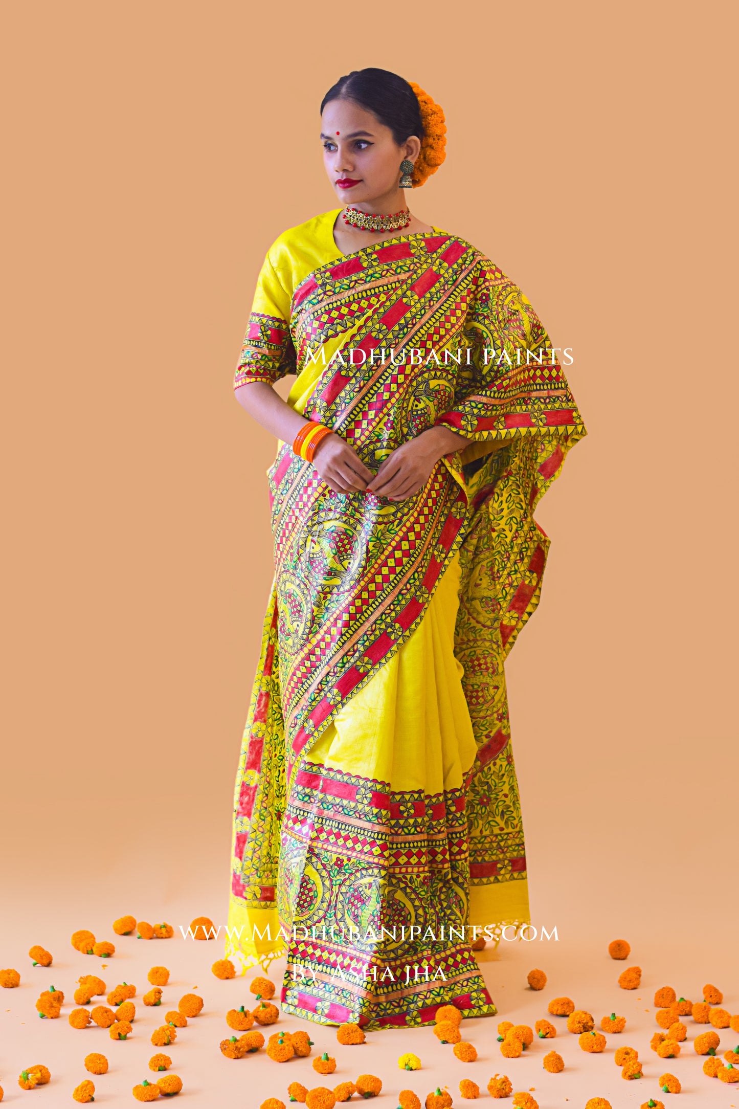 MATSYA SANGAM Hand-painted Madhubani Tussar Silk Saree Blouse Set