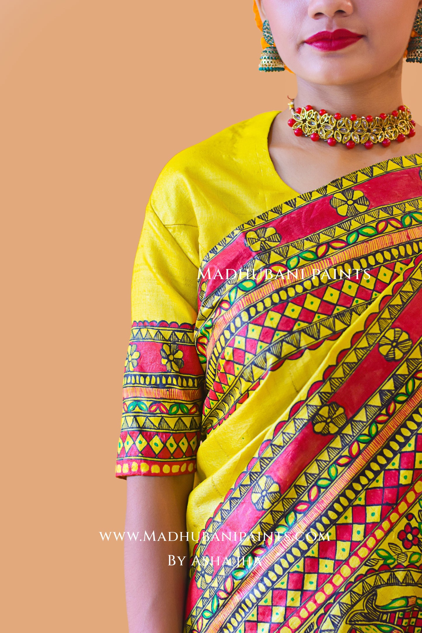 MATSYA SANGAM Hand-painted Madhubani Tussar Silk Saree Blouse Set