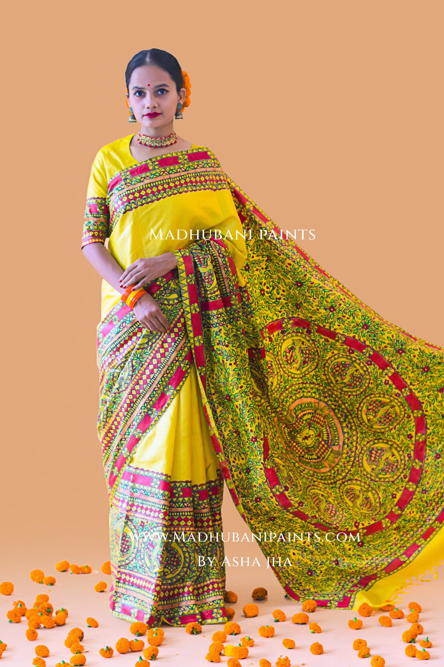 MATSYA SANGAM Hand-painted Madhubani Tussar Silk Saree Blouse Set