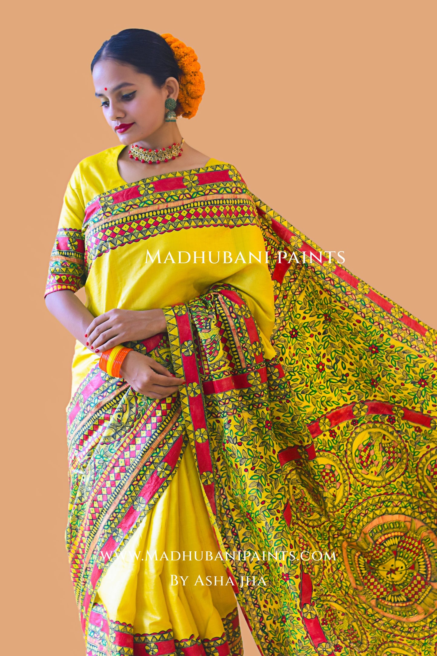 MATSYA SANGAM Hand-painted Madhubani Tussar Silk Saree Blouse Set
