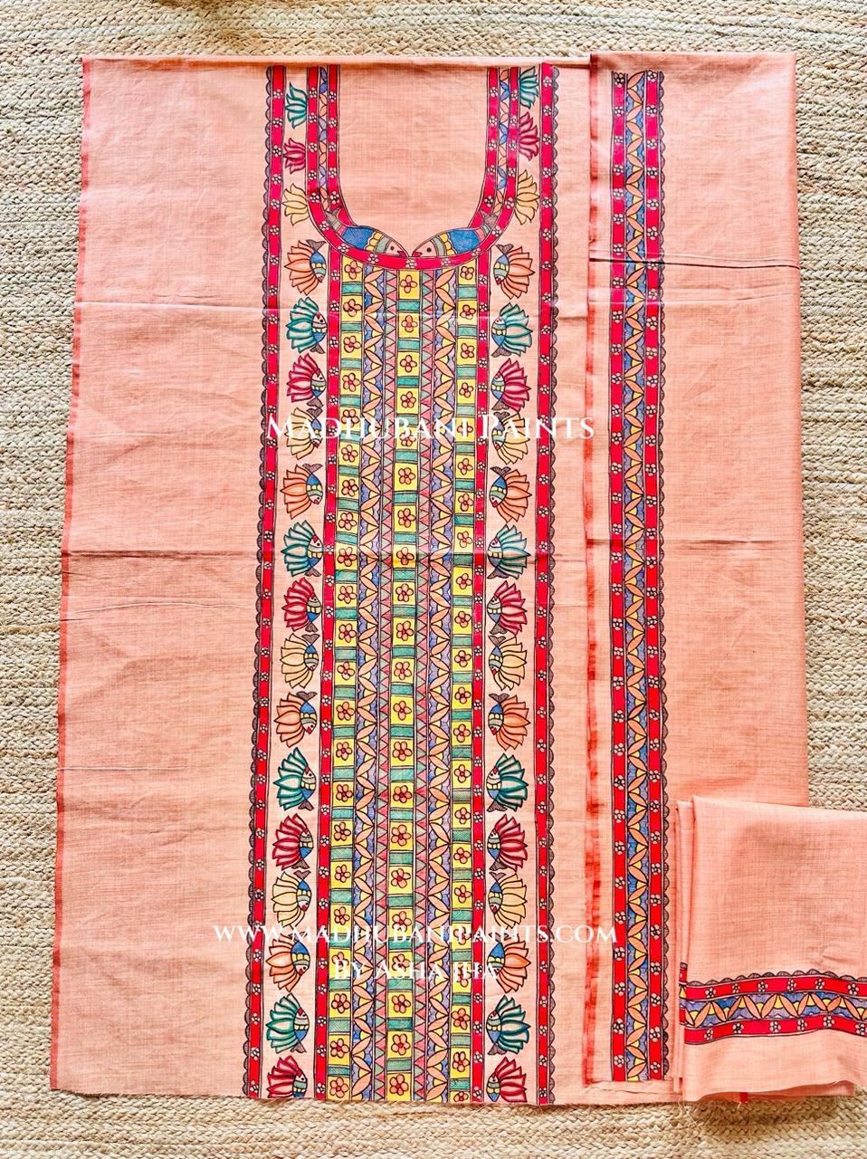 Gopiyaa Kamal Hand-painted Madhubani Painting Cotton Unstitched Kurta Pant Dupatta Set