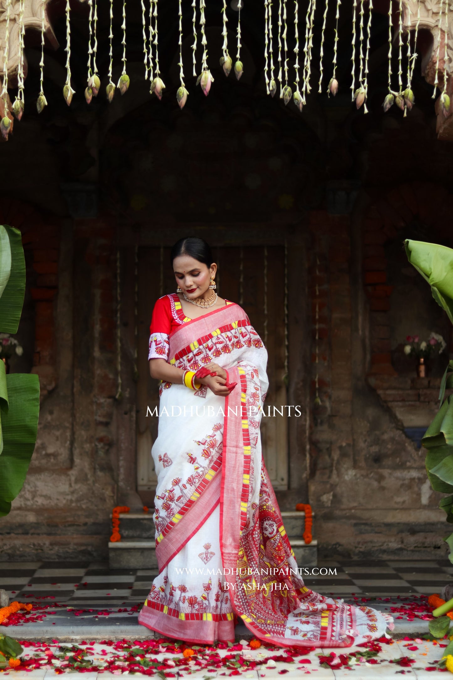 KAMLA Handpainted Linen Madhubani Saree Blouse Set