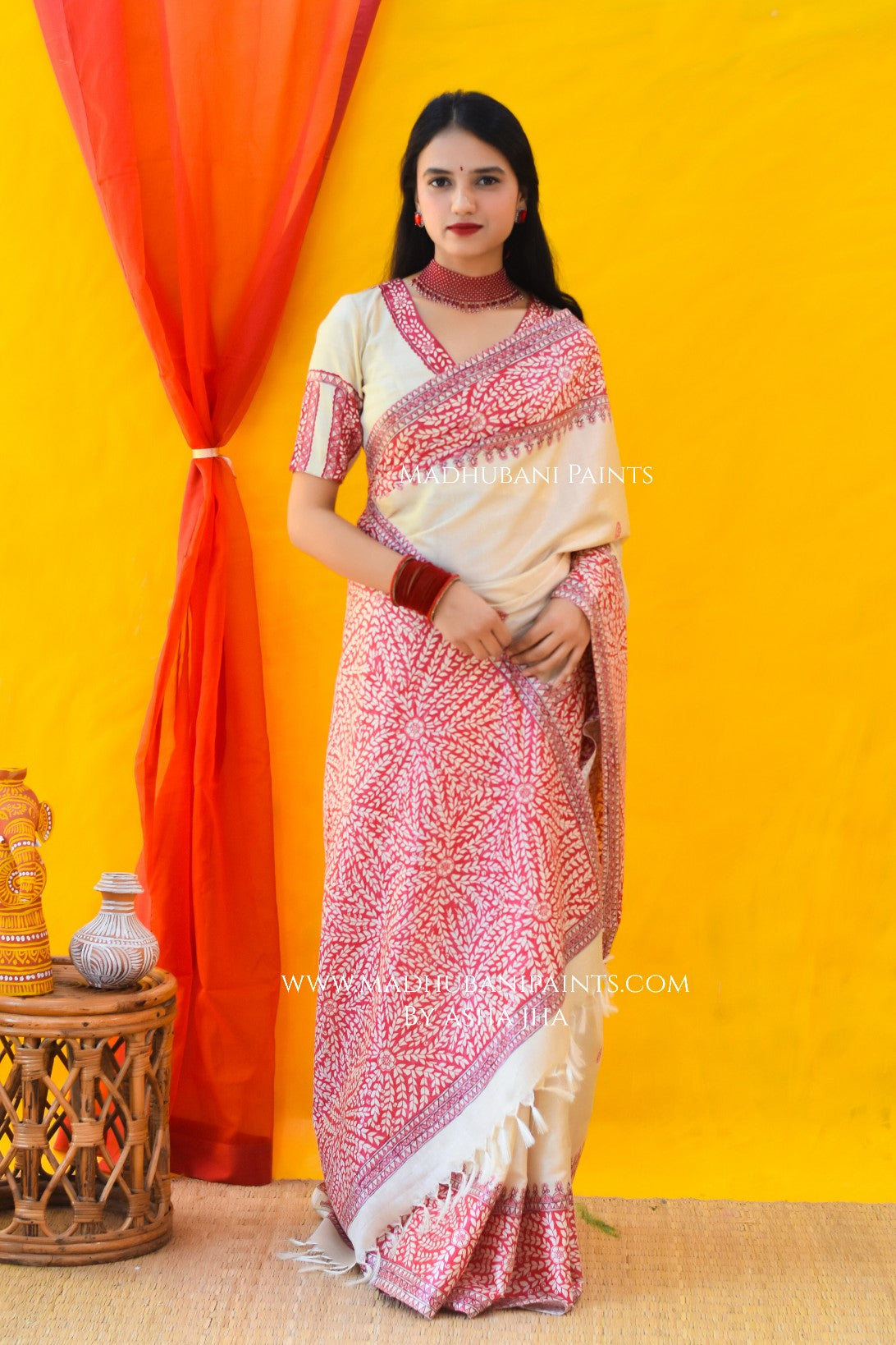 Laal Patta Handpainted Tussar Silk Saree
