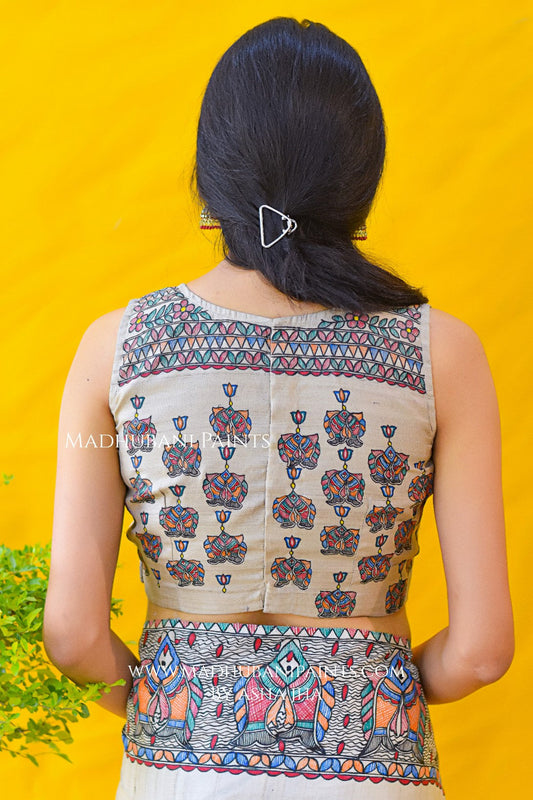 'MITHILA KI MAACH'  Hand-painted Madhubani Tussar Silk Blouse
